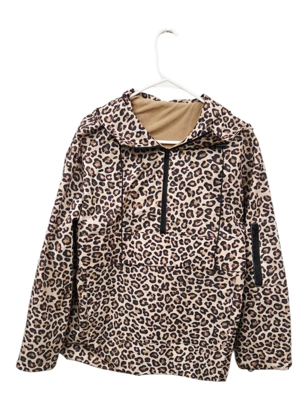 Leopard Print Hooded Pullover Jacket - Tan/Black
